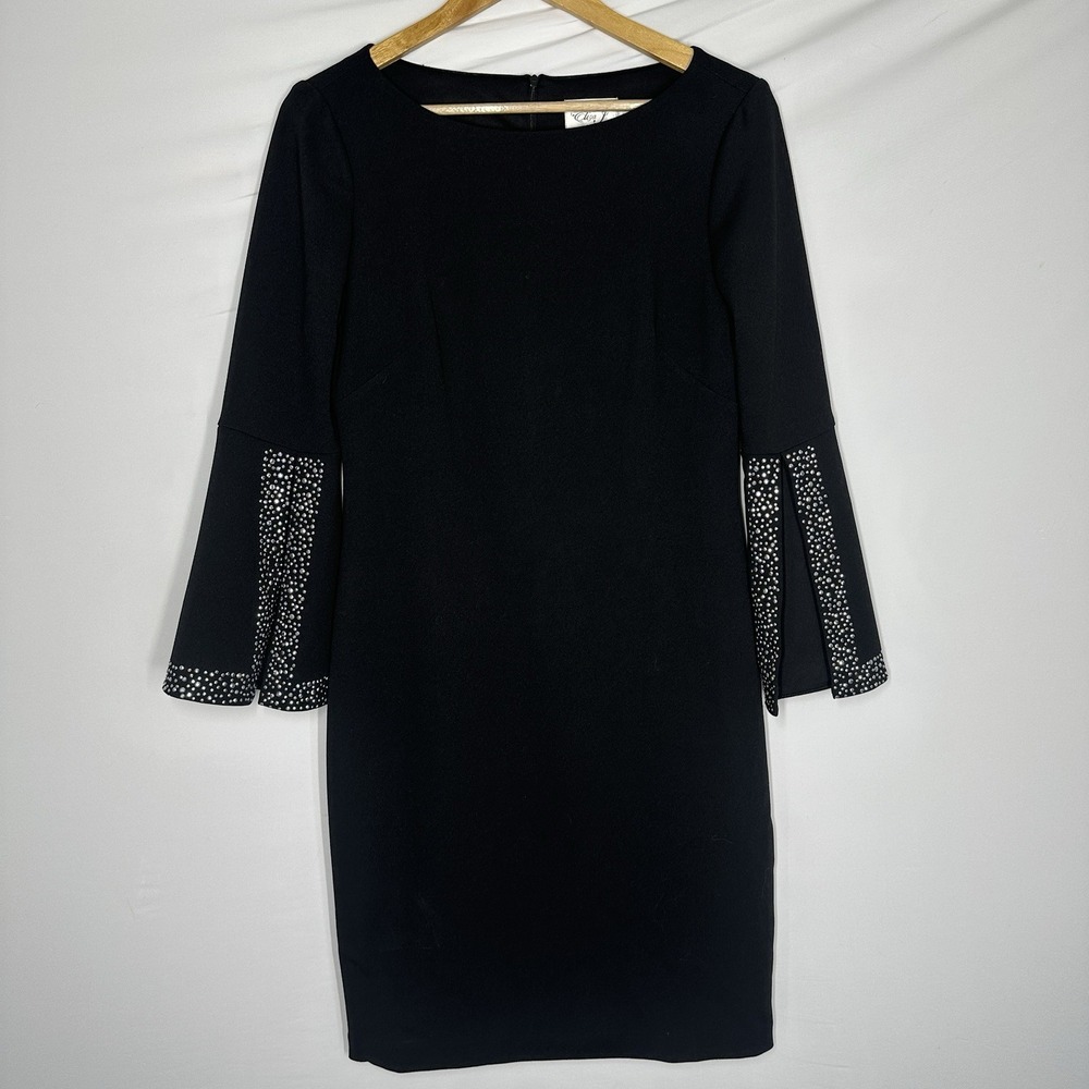 Eliza J Bejeweled Bell-Sleeve Sheath Black Midi Dress Size 8